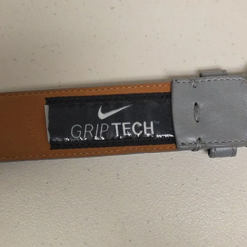 Nike Golf Grip Tech Grey Leather Belt 37” M - L Metal Swoosh Buckle